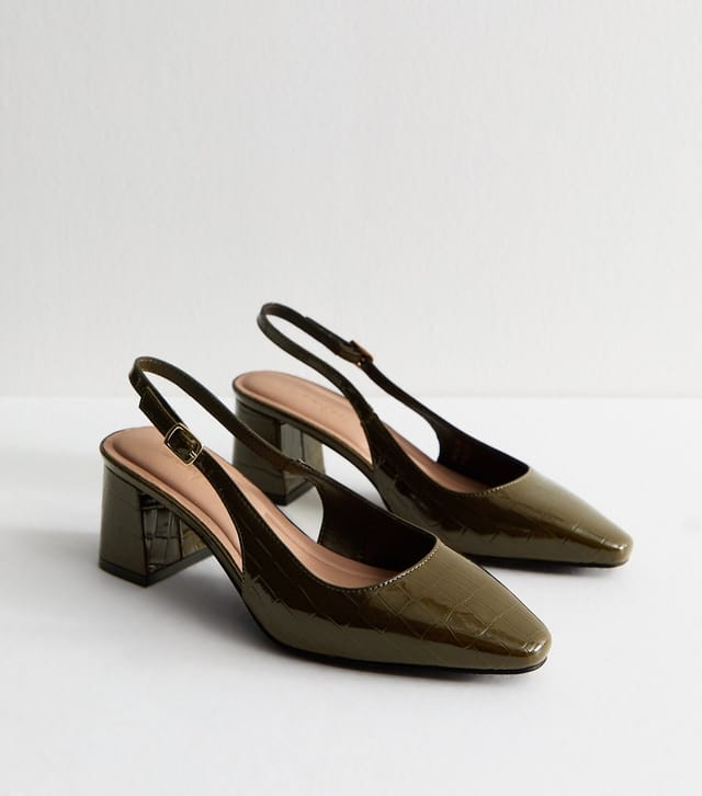 New Look Women's Dark Green Faux Leather Slingback Pointed Toe Pumps Vegan New Look - 2