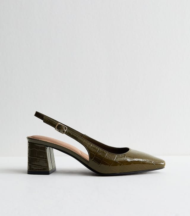 New Look Women's Dark Green Faux Leather Slingback Pointed Toe Pumps Vegan New Look - 3