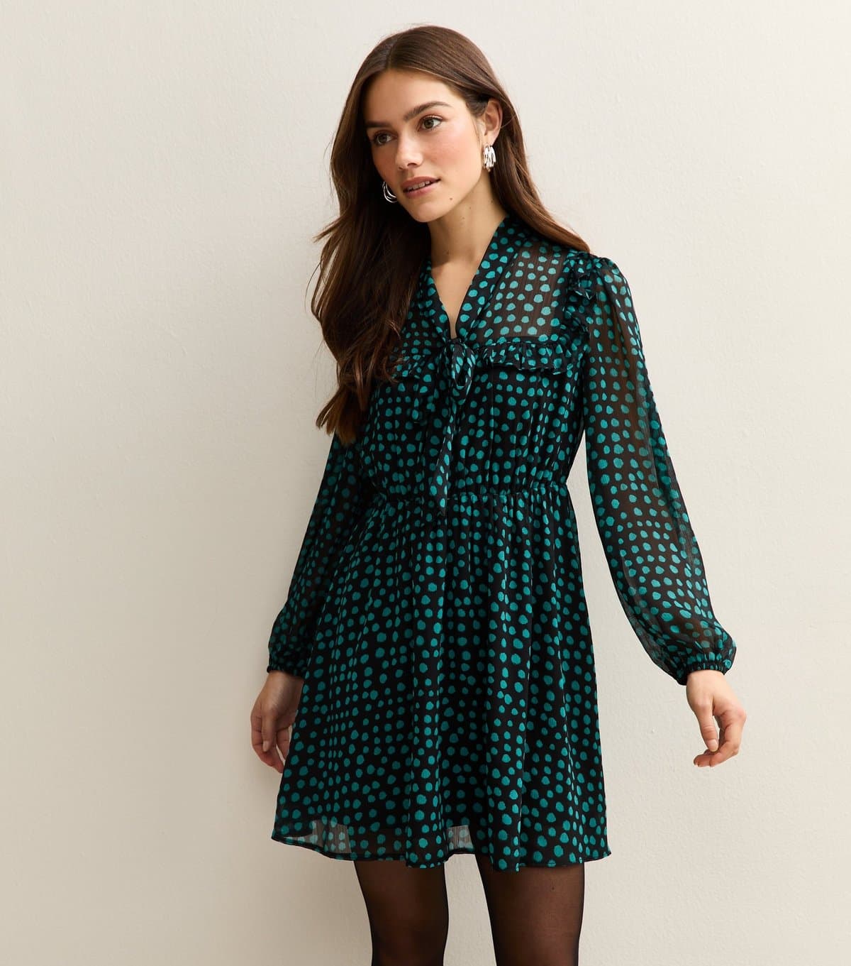 New Look Women's Petite Blue Spotty Pussybow Mini Dress New Look