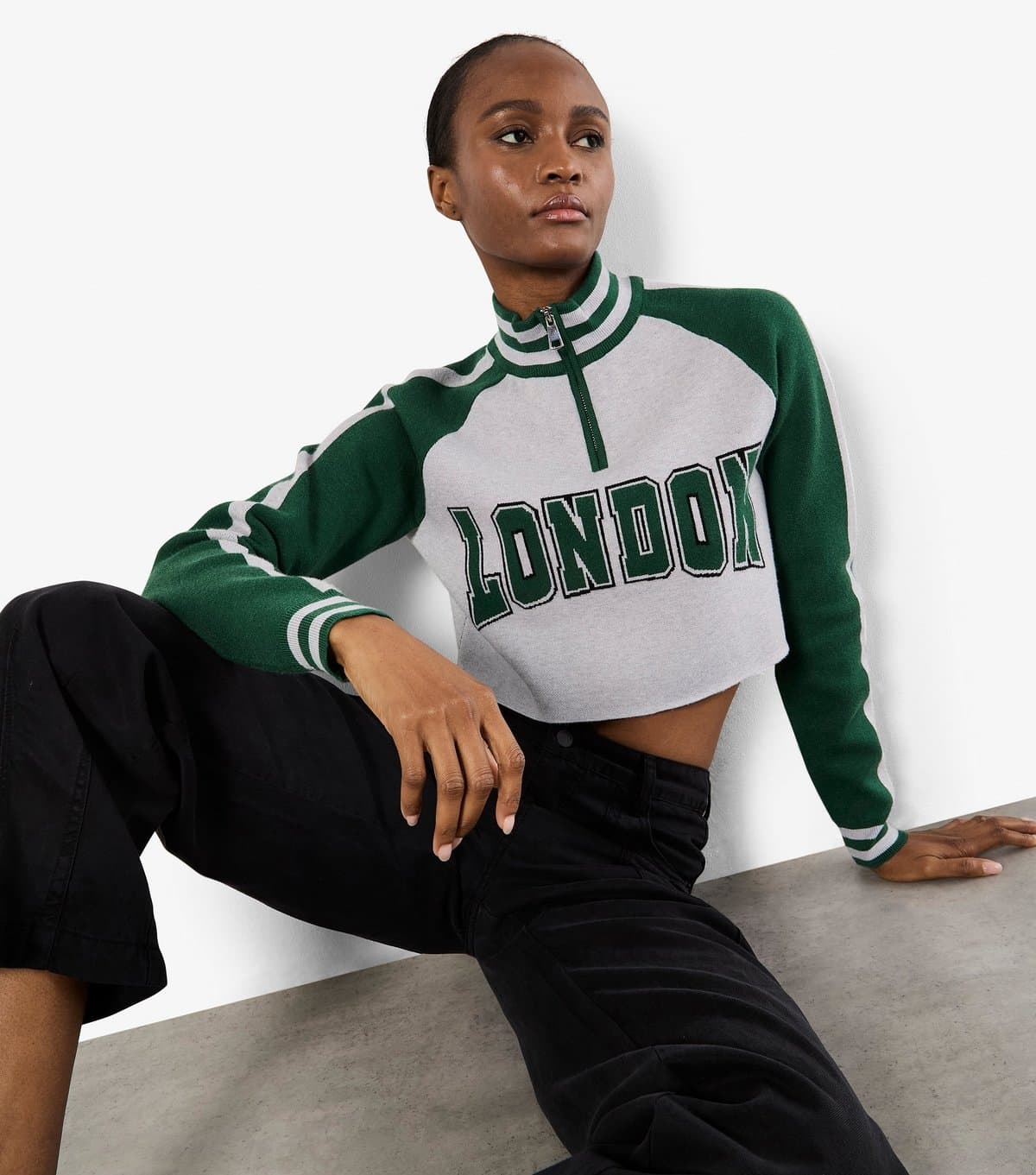 Apricot Women's Green London Slogan Quarter Zip Cropped Jumper Apricot New Look