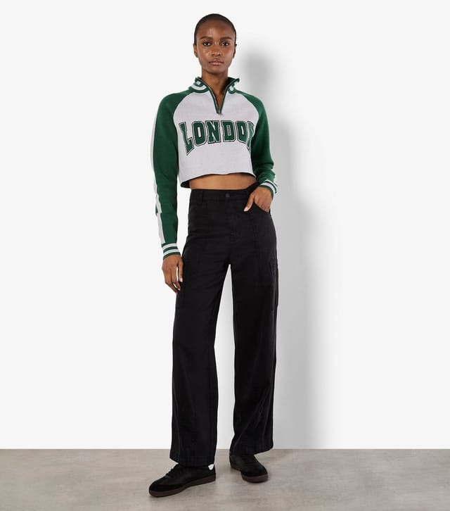 Apricot Women's Green London Slogan Quarter Zip Cropped Jumper Apricot New Look - 2