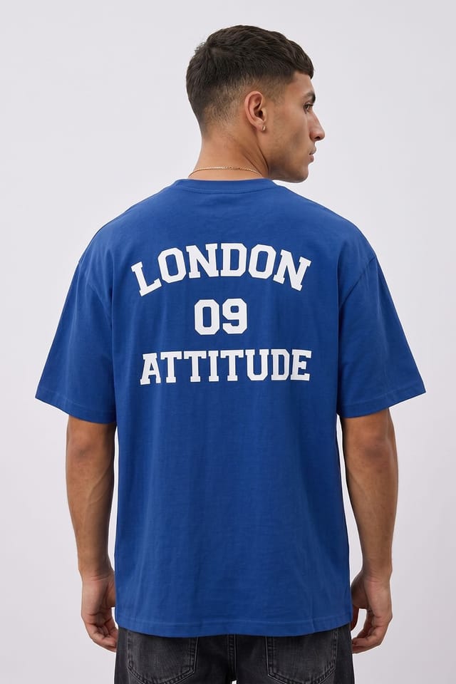 LONDON ATTITUDE LONDON ATTITUDE Men's Oversized Heavyweight T-Shirt with Varsity Back Print in Royal - 3