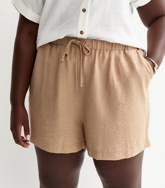 New Look Women's Plus Size Stone Crinkled Drawstring Shorts Curves New Look - 3