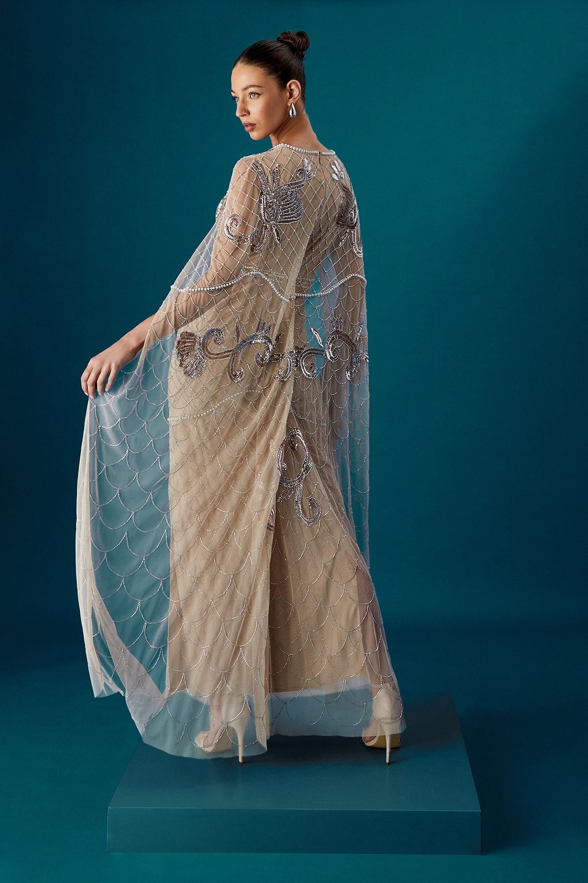 Coast Coast Women's Muse Heavily Embellished Maxi Dress With Cape Sleeves in Stone - 3