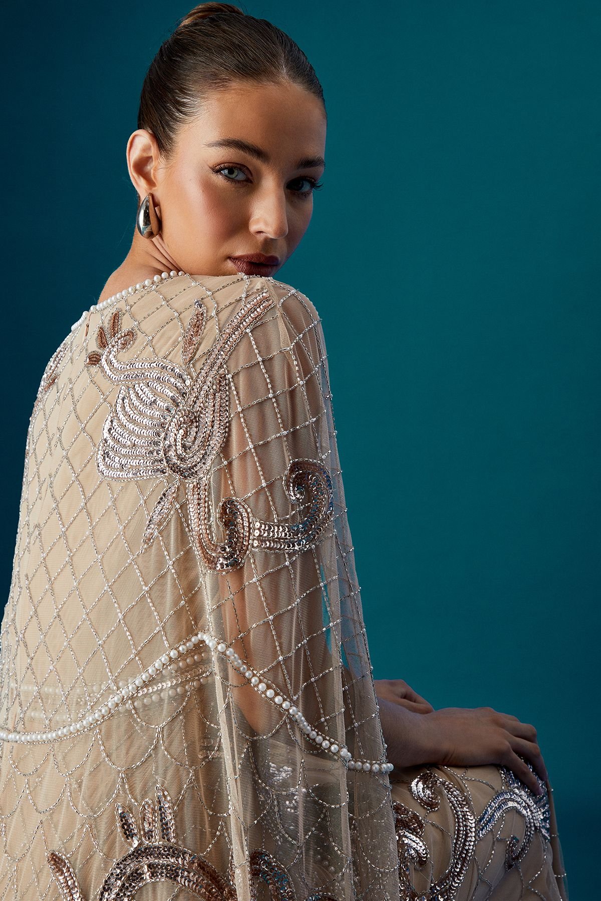 Coast Coast Women's Muse Heavily Embellished Maxi Dress With Cape Sleeves in Stone - 4