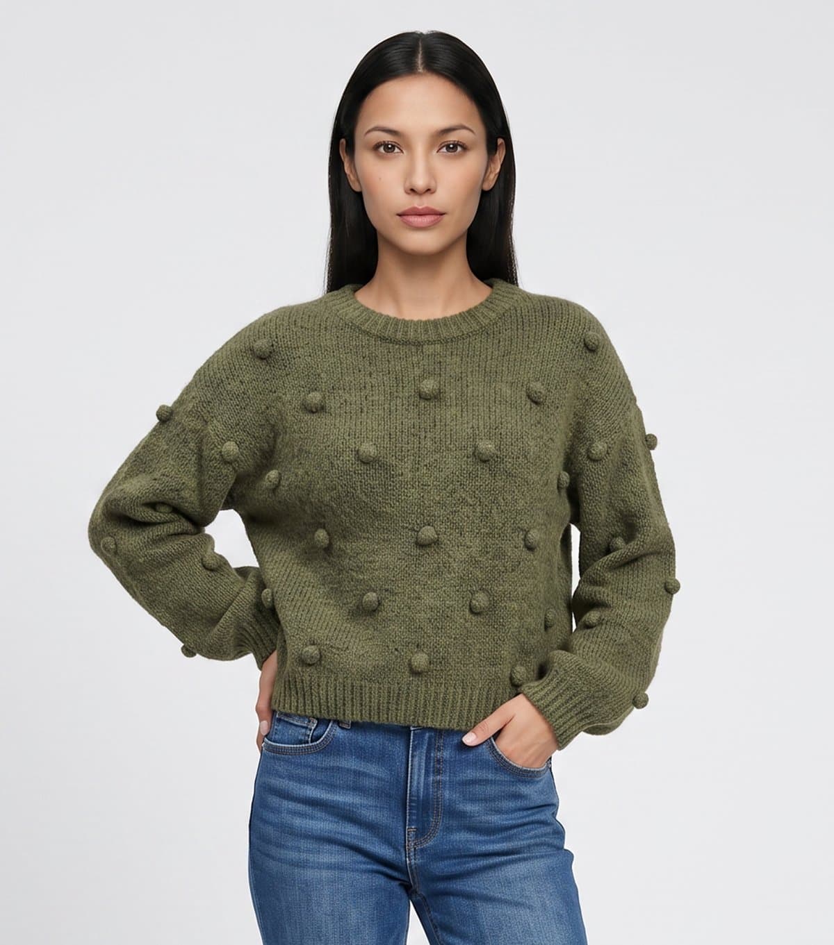 Gini London Women's Dark Green Oversize Bobble Knit Jumper with Wool Gini London New Look