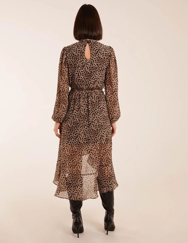 Blue Vanilla Leopard Print High Neck Wrap Frill Hem Midi Dress - 2