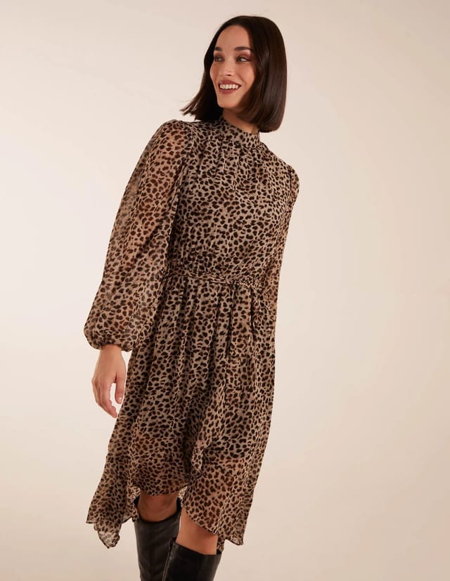 Blue Vanilla Leopard Print High Neck Wrap Frill Hem Midi Dress - 3