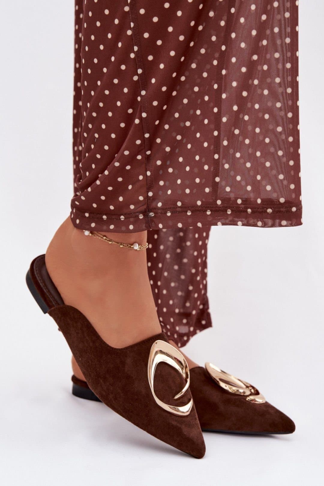 Love Lace Love Lace Women's Suede Mule Sandals Flat Pointed Toe Gold Front Detail Slip On in Brown