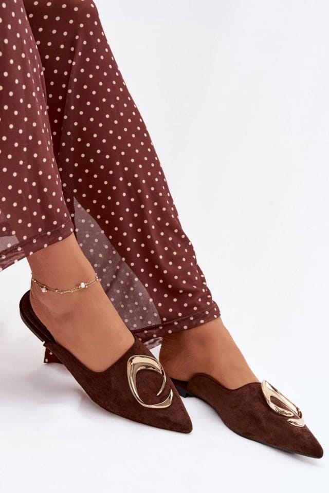 Love Lace Love Lace Women's Suede Mule Sandals Flat Pointed Toe Gold Front Detail Slip On in Brown - 3