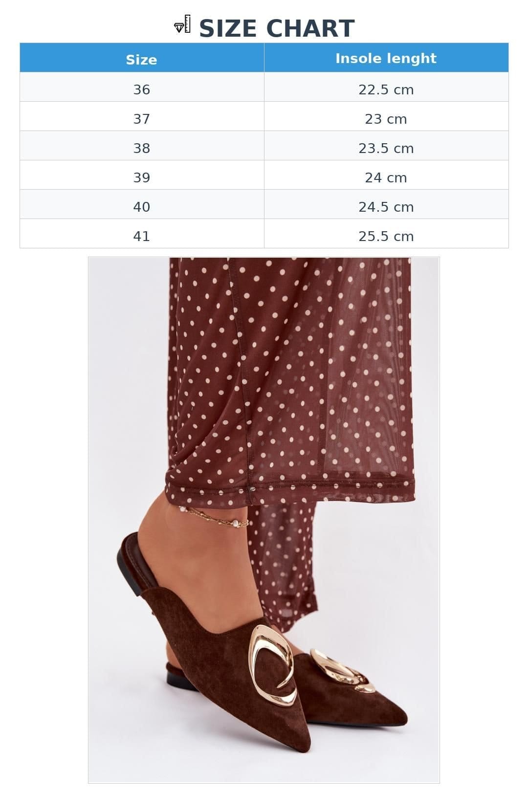 Love Lace Love Lace Women's Suede Mule Sandals Flat Pointed Toe Gold Front Detail Slip On in Brown - 4