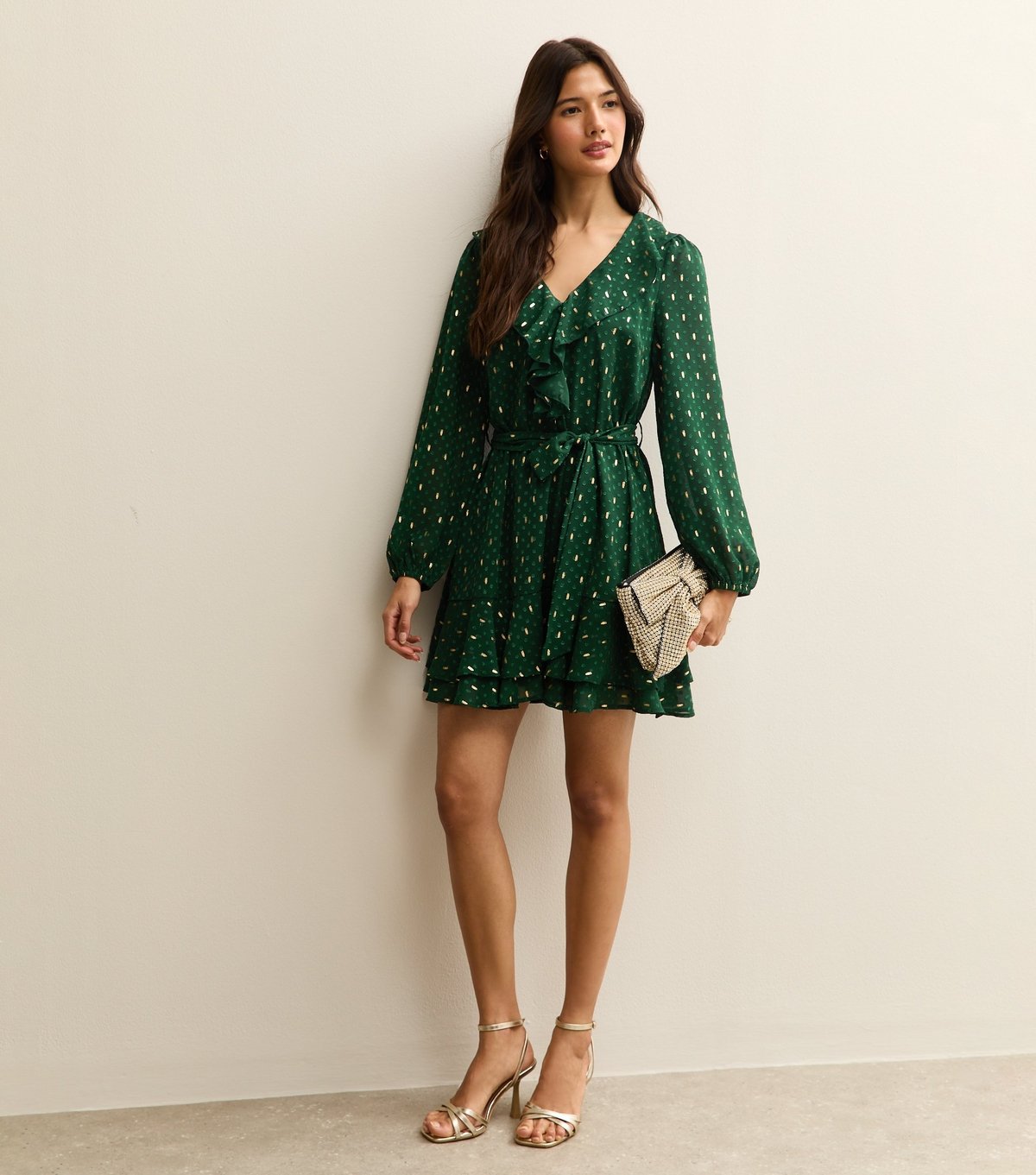 New Look Women's Dark Green Spot Chiffon Ruffle Mini Dress New Look - 3