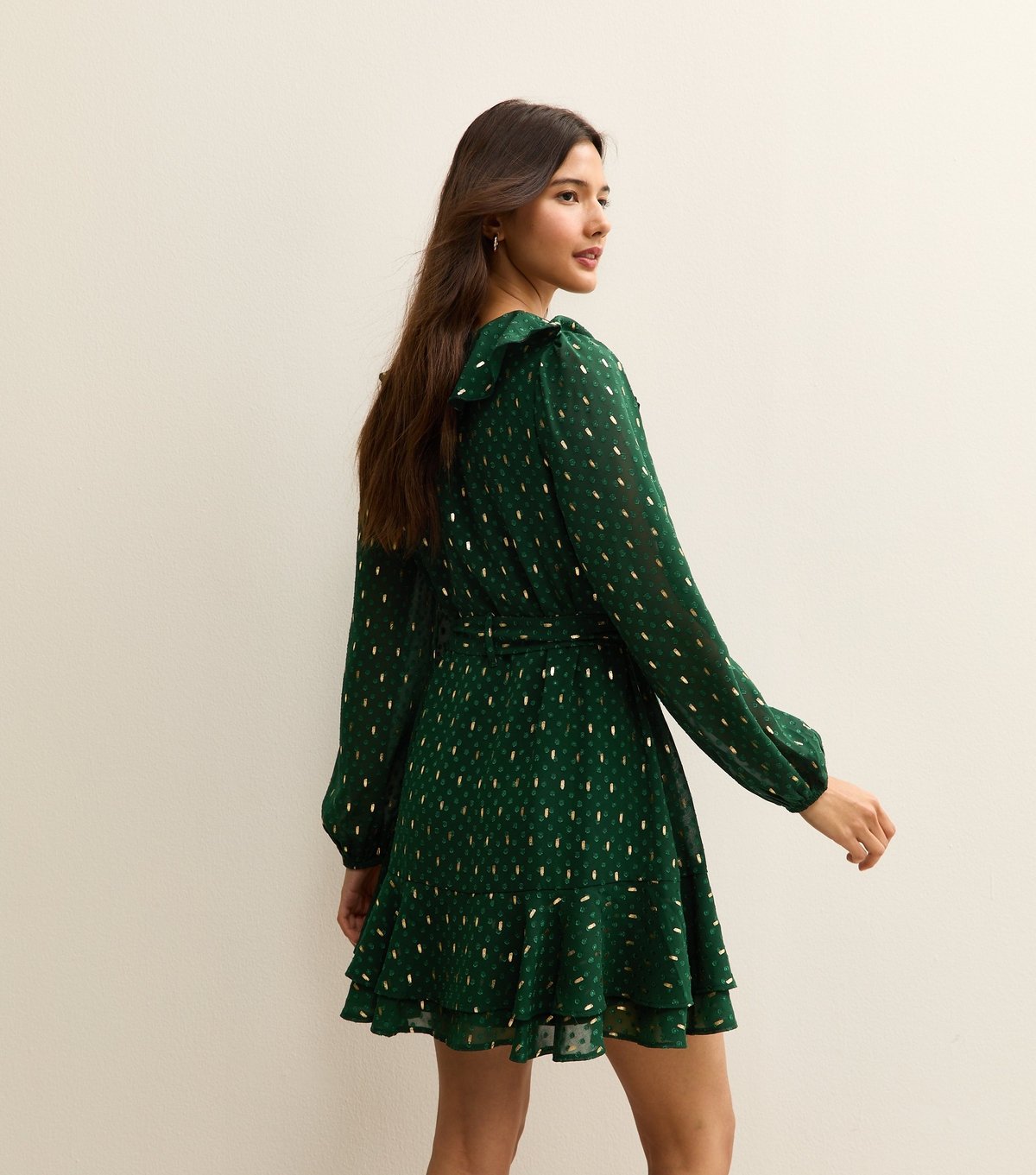 New Look Women's Dark Green Spot Chiffon Ruffle Mini Dress New Look - 4