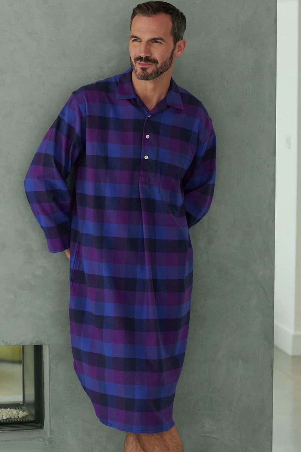British Boxers British Boxers Men's "Berwick" Check Brushed Cotton Nightshirt in Plum
