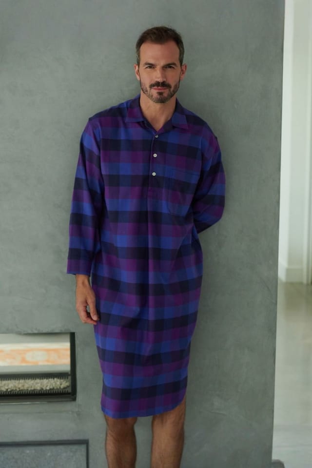 British Boxers British Boxers Men's "Berwick" Check Brushed Cotton Nightshirt in Plum - 2