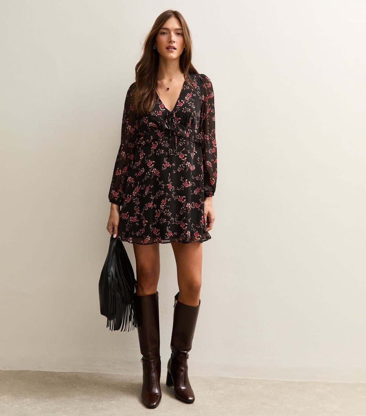 New Look Women's Black Floral Chiffon Long Sleeve Mini Dress New Look