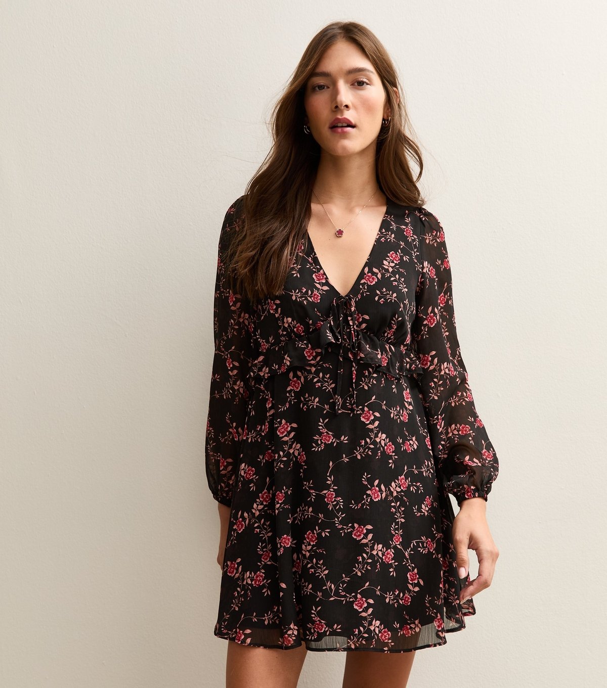 New Look Women's Black Floral Chiffon Long Sleeve Mini Dress New Look - 2