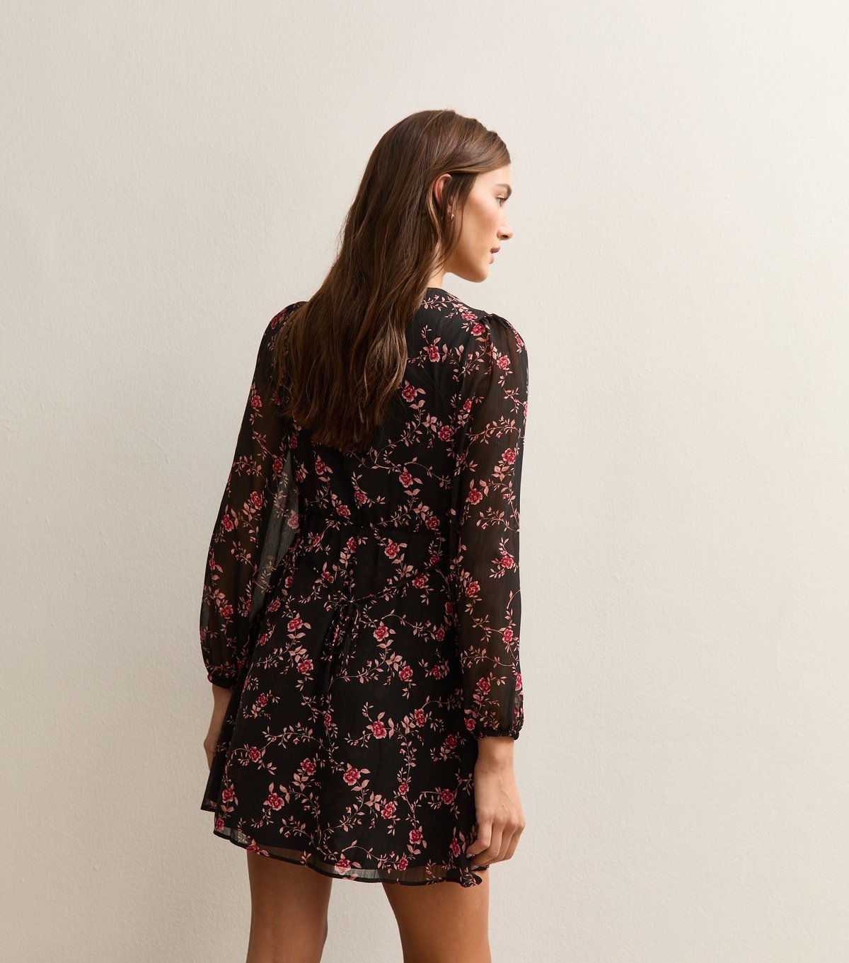 New Look Women's Black Floral Chiffon Long Sleeve Mini Dress New Look - 4