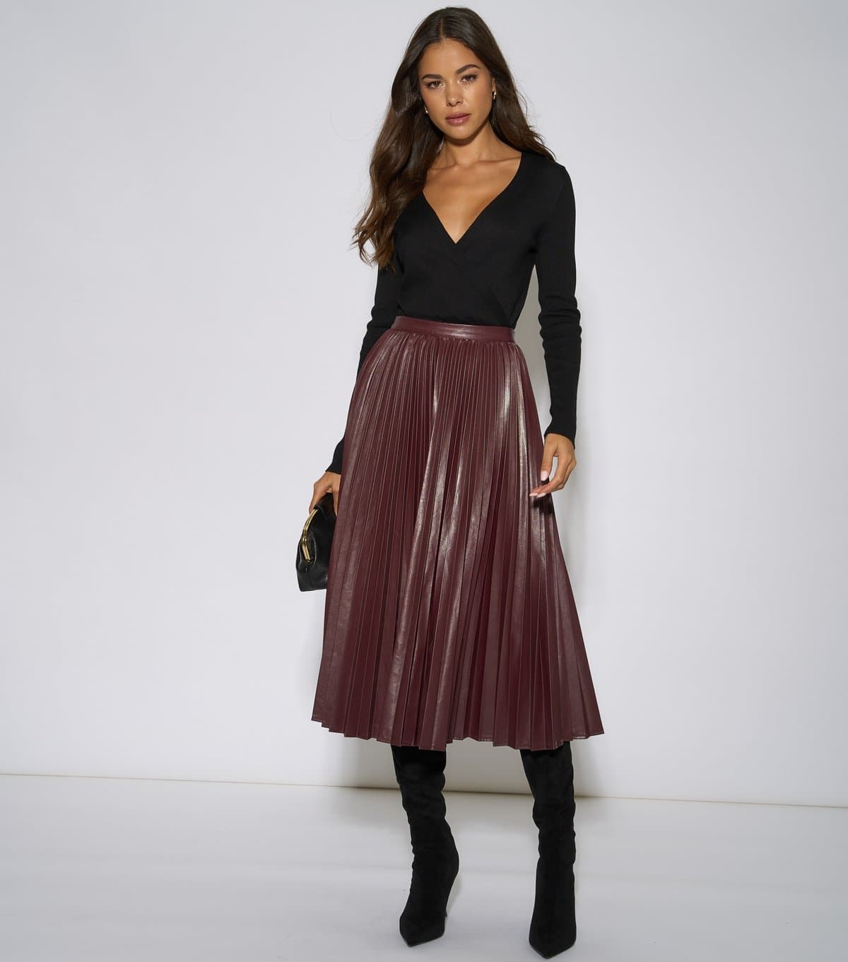 Gini London Women's Dark Burgundy Faux Leather Pleated Midi Skirt Gini London New Look