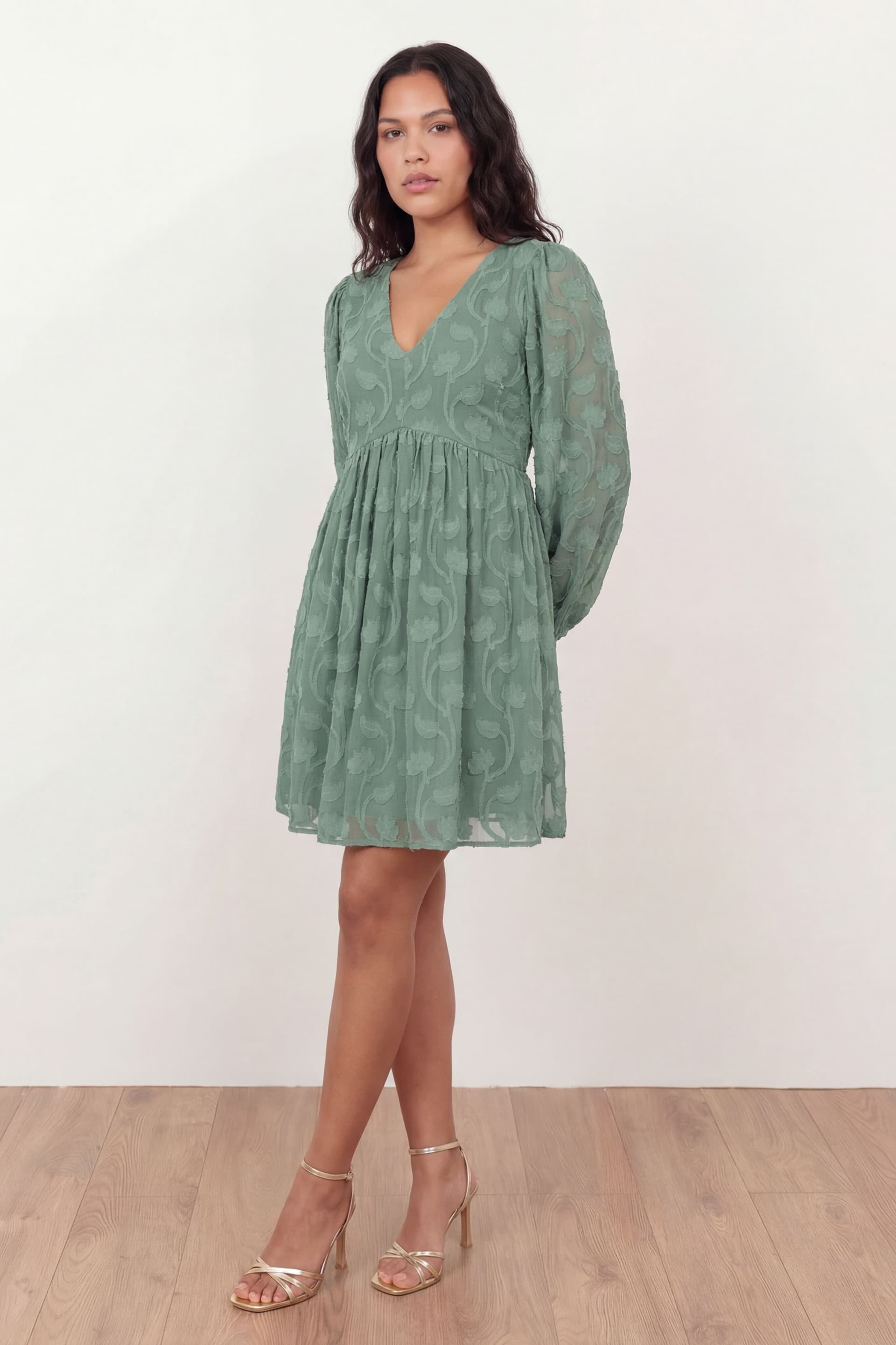 Lovedrobe Lovedrobe Women's Long Sleeve Floral Burnout Mini Dress in Green