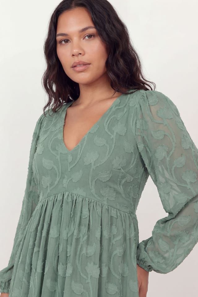 Lovedrobe Lovedrobe Women's Long Sleeve Floral Burnout Mini Dress in Green - 2