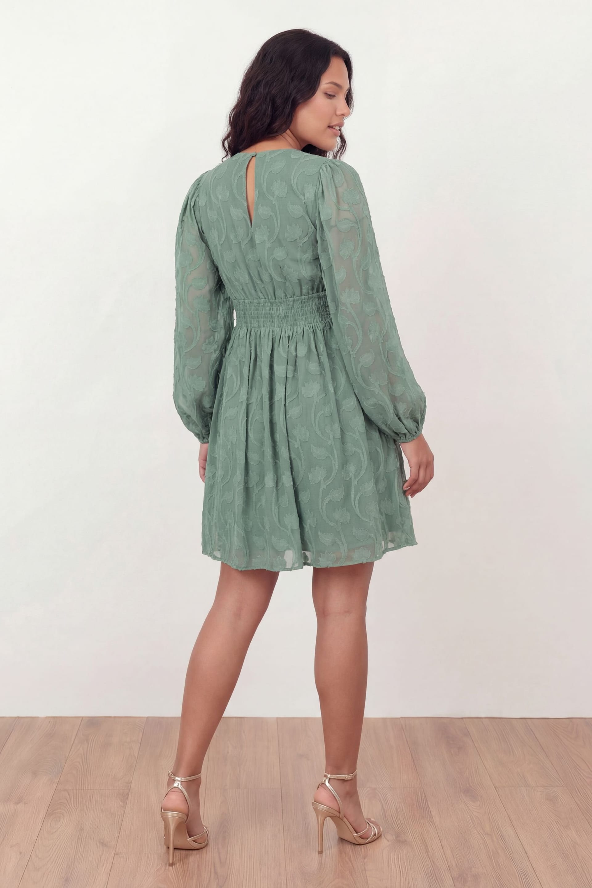 Lovedrobe Lovedrobe Women's Long Sleeve Floral Burnout Mini Dress in Green - 4