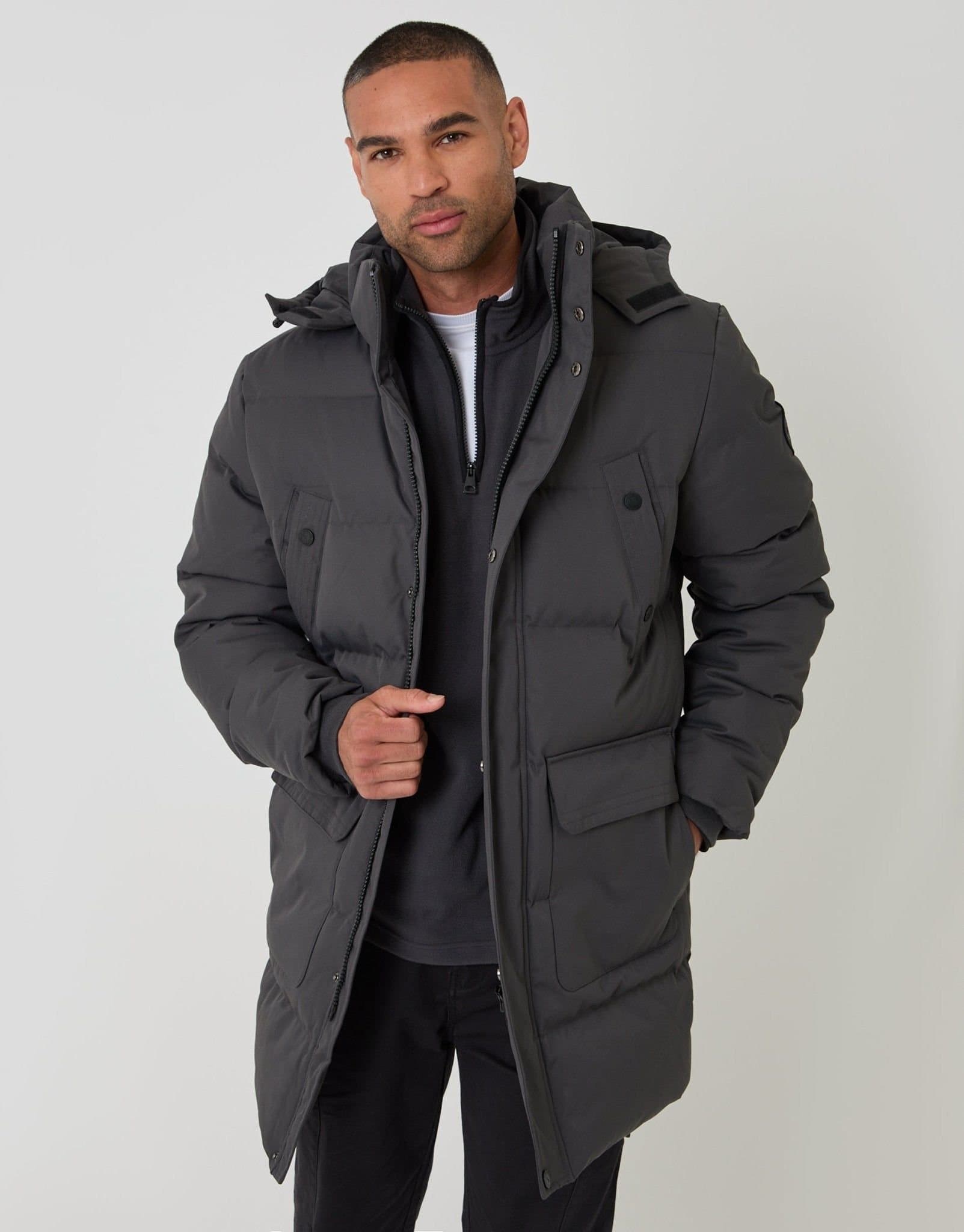 Threadbare threadbare Men's Showerproof Hooded Puffer Coat with Adjustable Waist in Grey