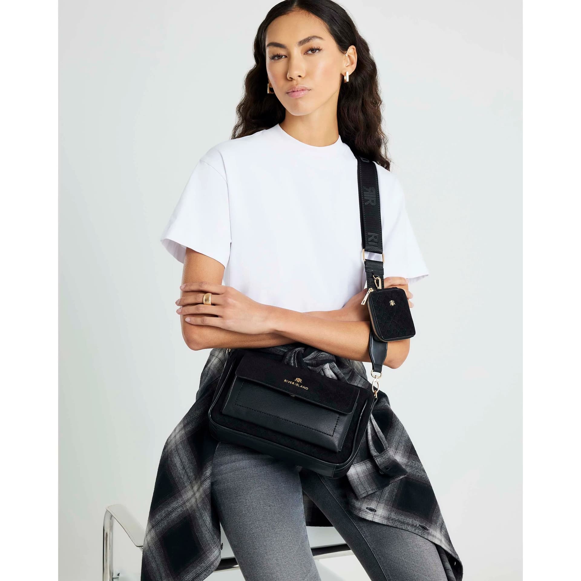 River Island River Island Womens Black Monogram Faux Suede Cross Body Bag