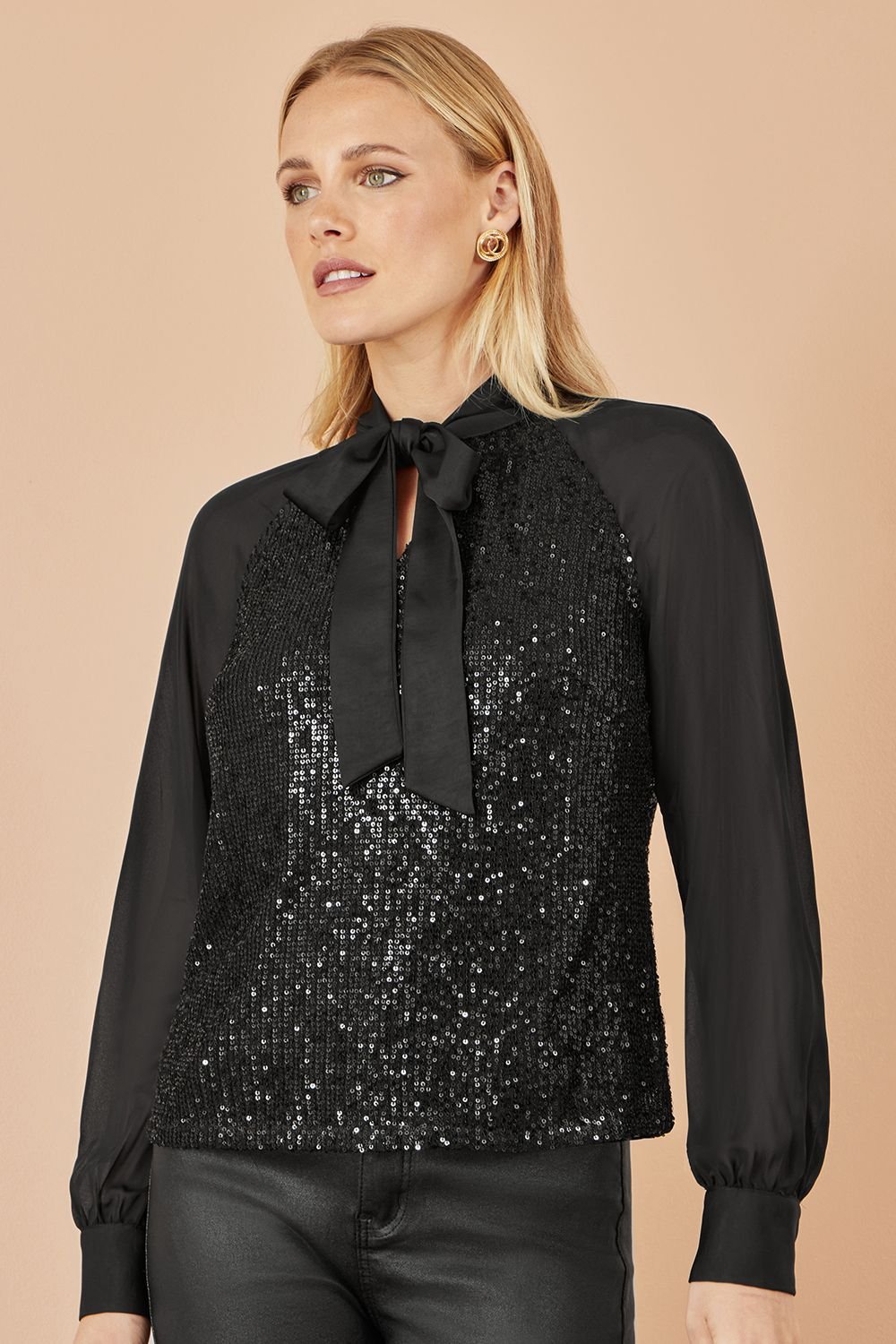 Yumi Yumi Women's Black Sequin Pussy Bow Top - 2