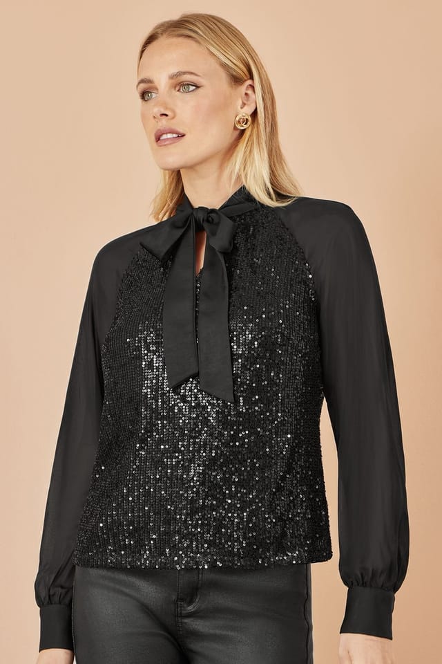 Yumi Yumi Women's Black Sequin Pussy Bow Top - 2