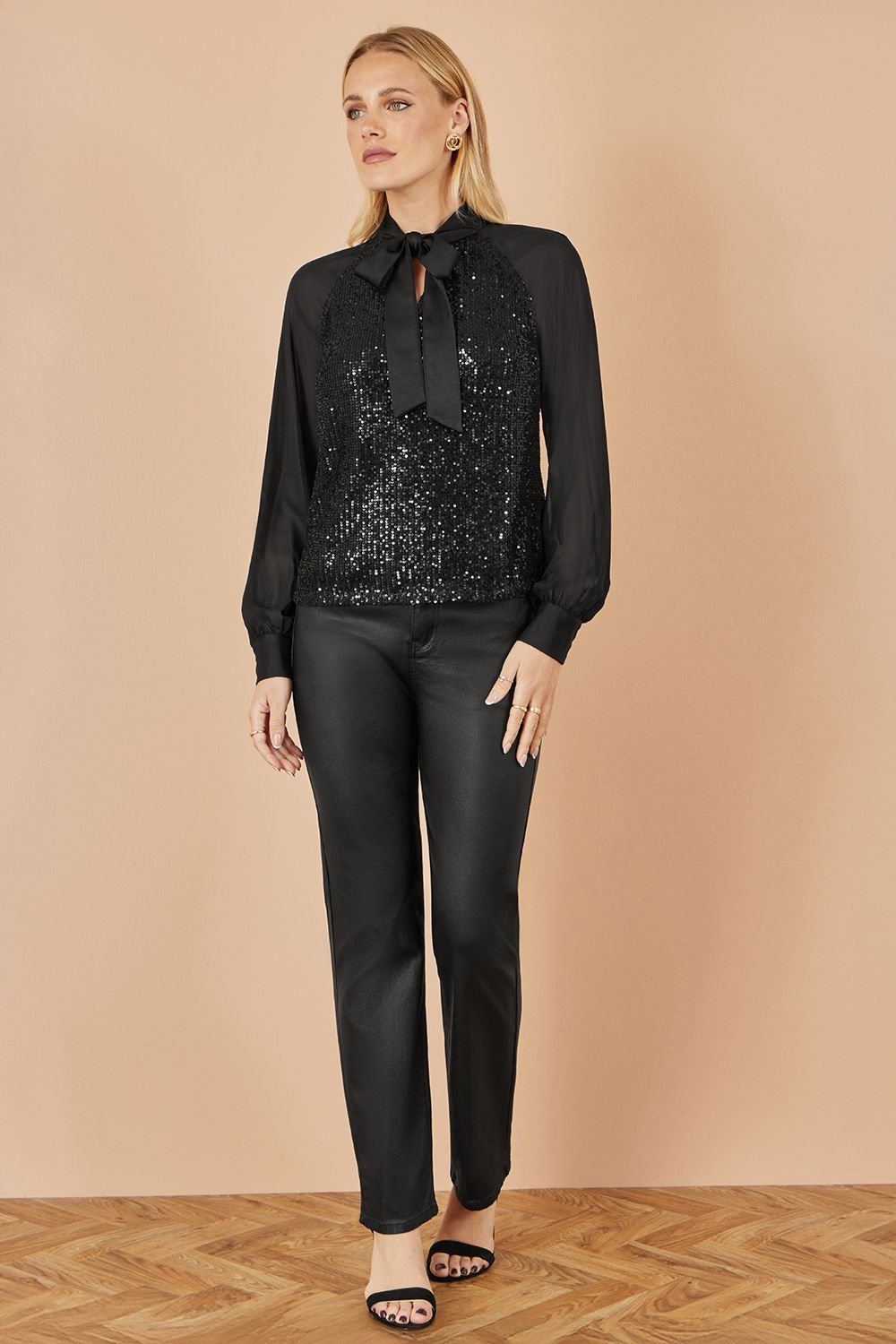 Yumi Yumi Women's Black Sequin Pussy Bow Top - 3