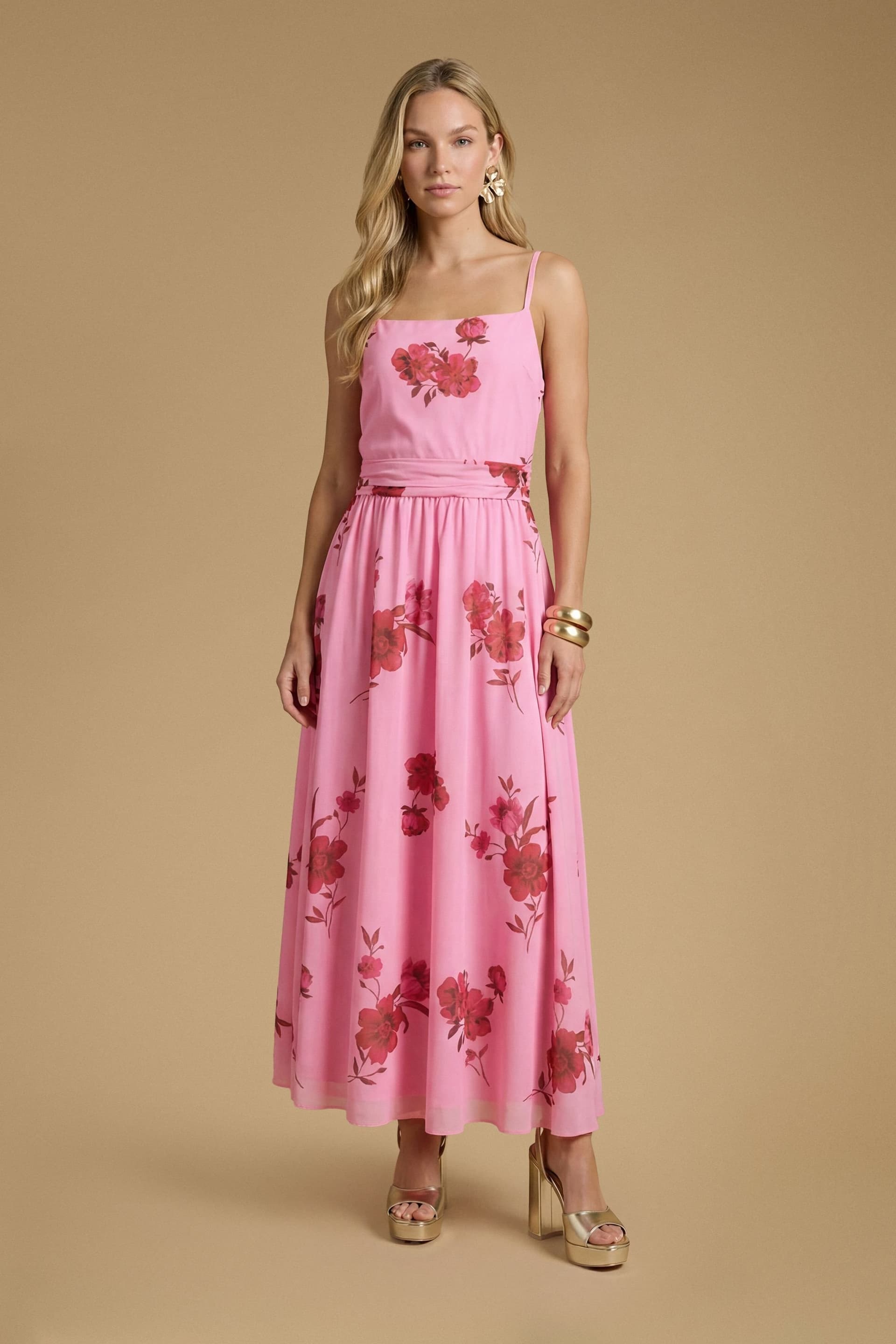 Oasis Oasis Women's Printed Mesh Strappy Prom Midi Dress in Pink