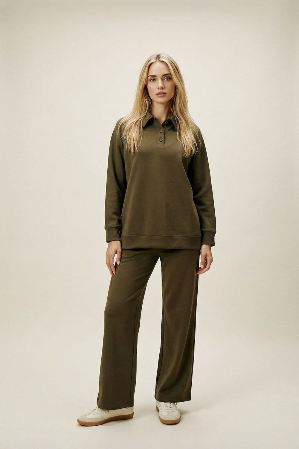 The Night Store Olive Button Collar Lounge Trouser Set