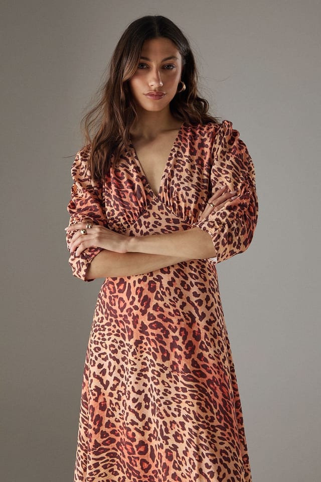 Warehouse Warehouse Women's Viscose Leopard V Neck Puff Sleeve Midi Dress - 2