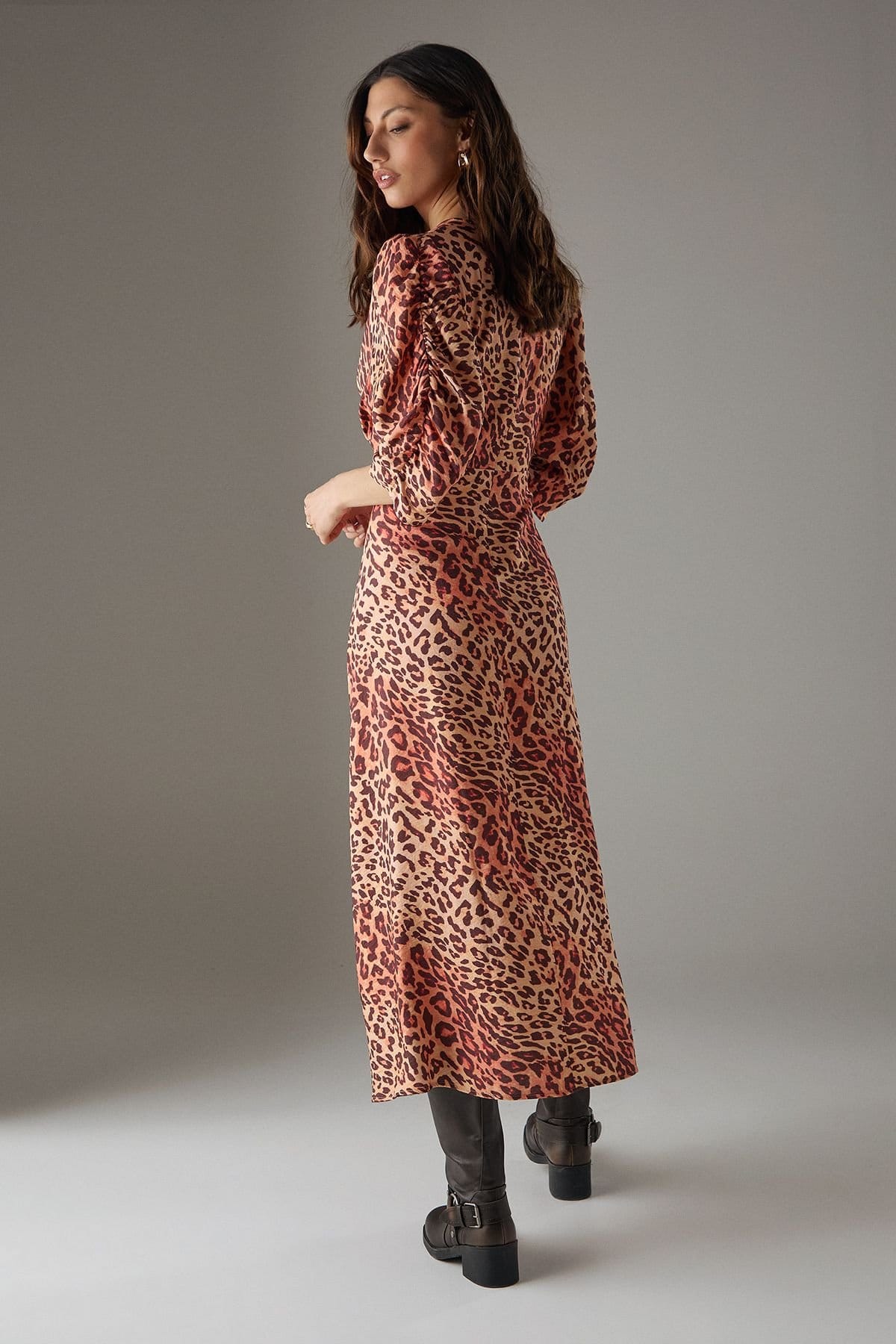 Warehouse Warehouse Women's Viscose Leopard V Neck Puff Sleeve Midi Dress - 4