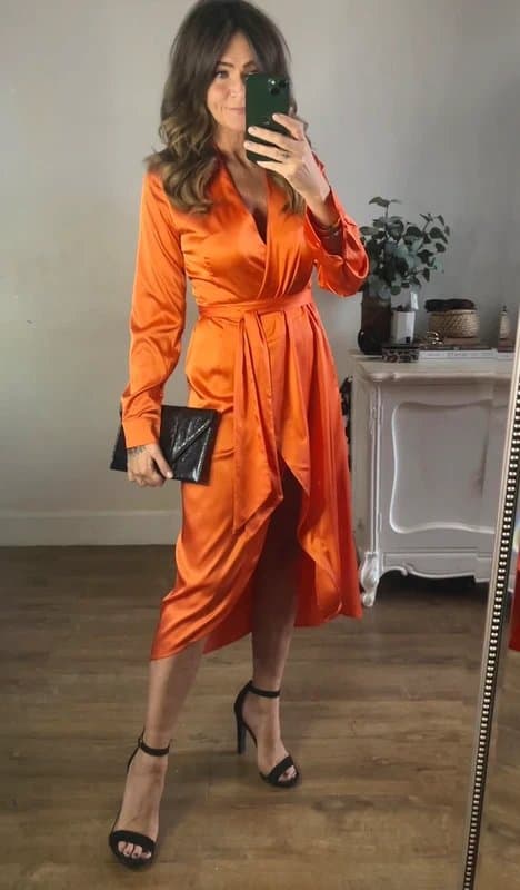 Never Fully Dressed Never Fully Dressed orange satin long sleeve wrap midi dress size 8