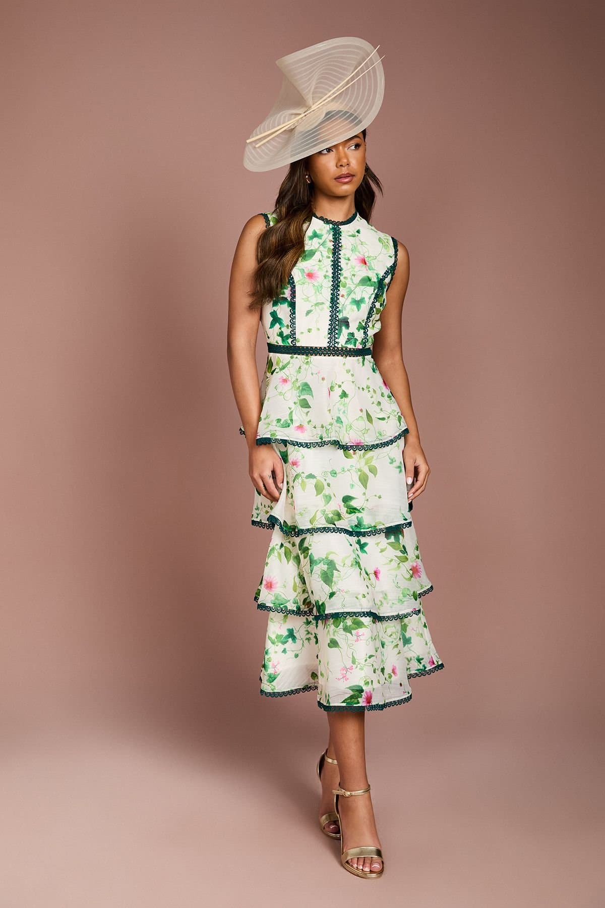 Coast Coast Women's Lace Trim Tiered Printed Organza Midi Dress in Ivory