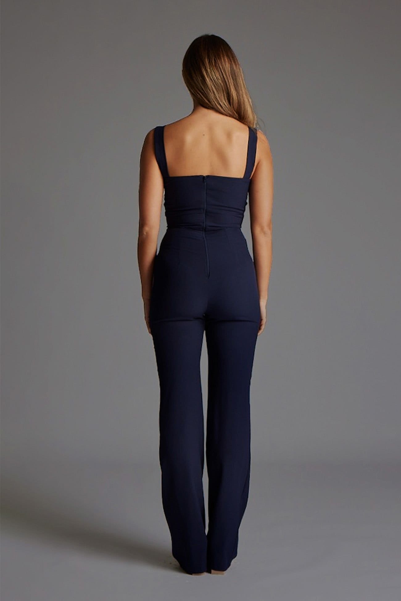 Vesper Vesper Women's Sweetheart Neckline Wide Leg Jumpsuit with Cut Out in Navy - 4