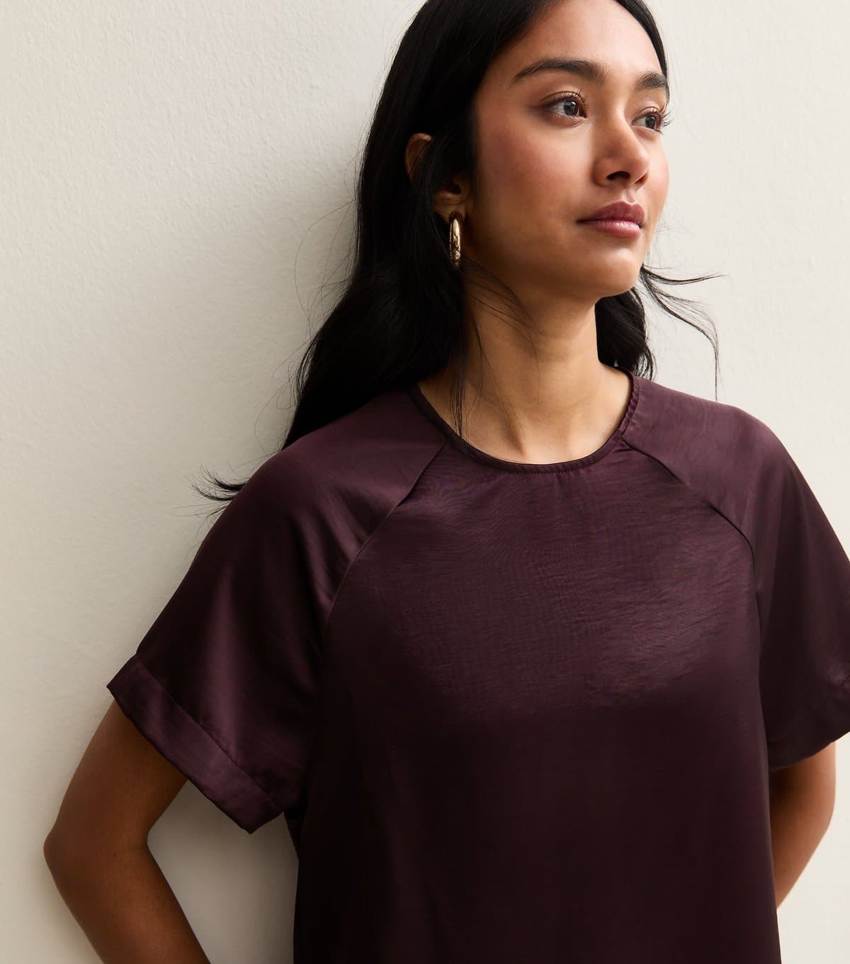 New Look Women's Dark Burgundy Satin Short Raglan Sleeve Top New Look