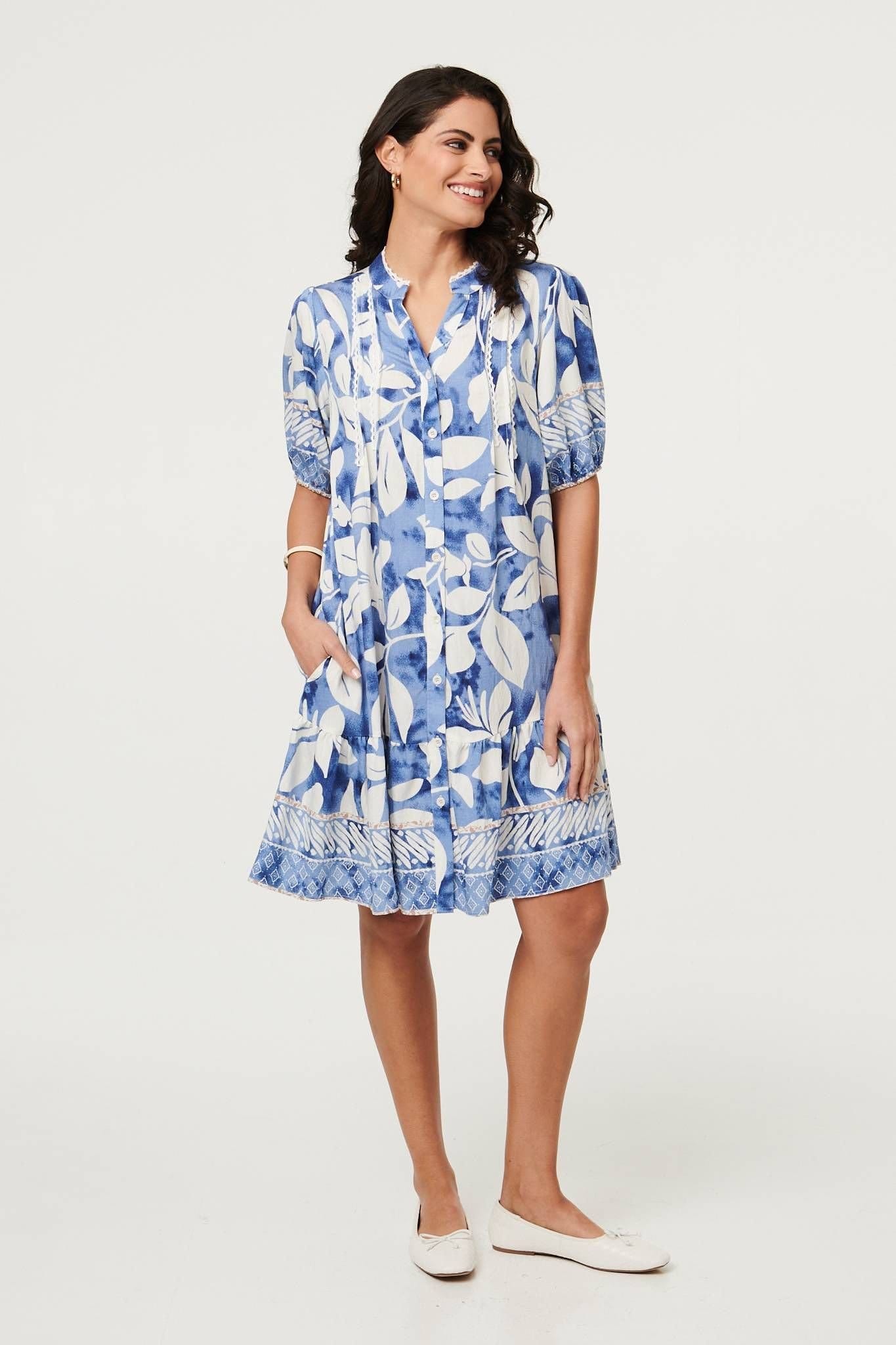 Izabel London Izabel London Women's Leaf Print 1/2 Sleeve Knee Length Dress in Blue - 4