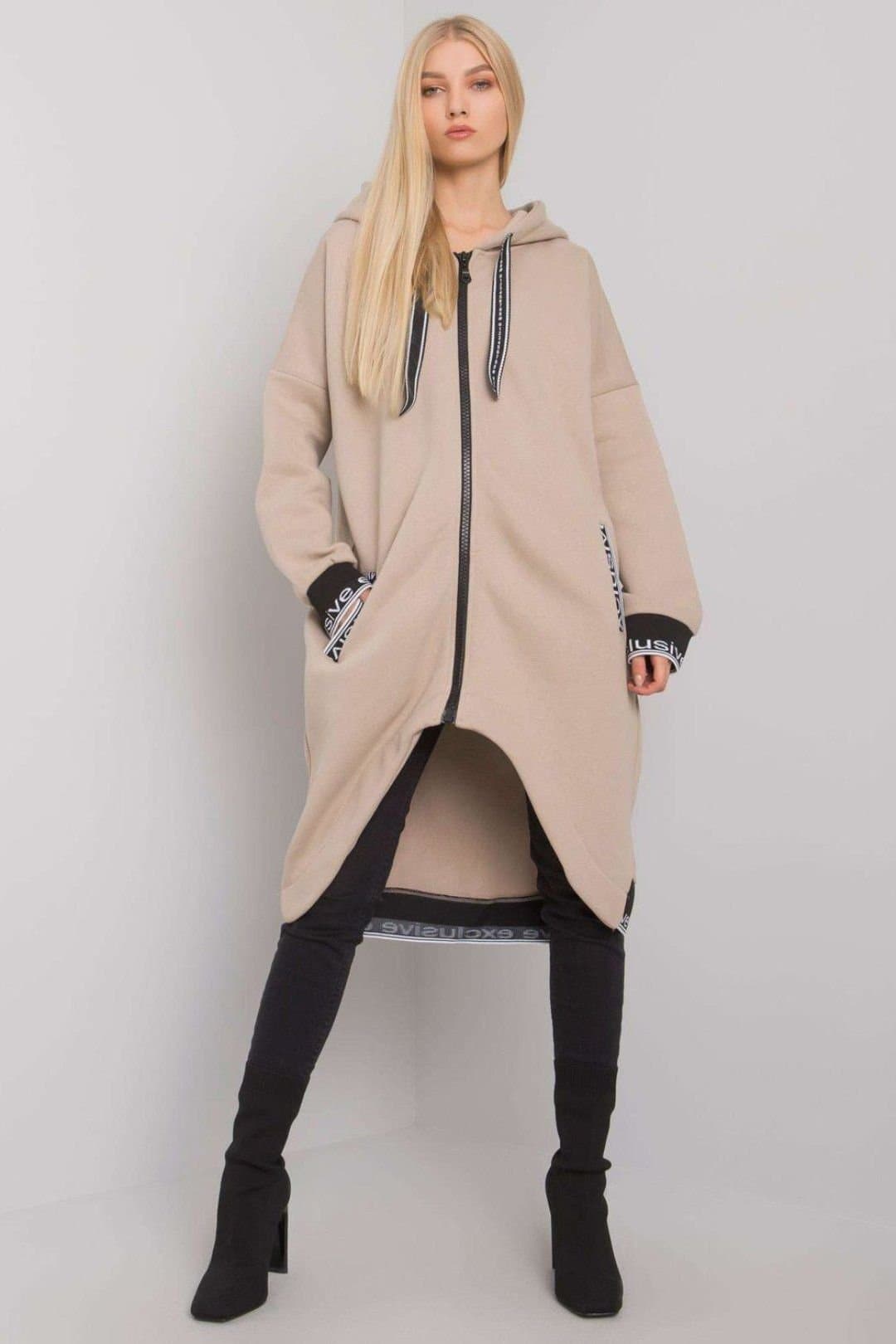Love Lace Love Lace Women's Long Zip Hooded Sweatshirt Pockets in Beige