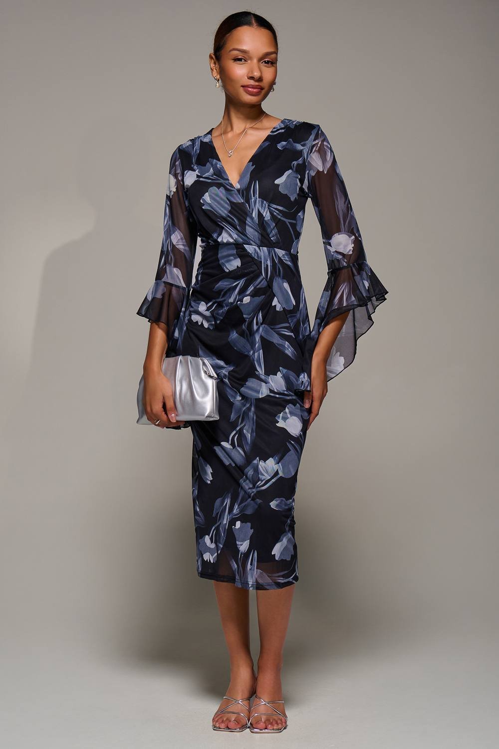 Jolie Moi Jolie Moi Women's Ruffle Sleeve Ruched Mesh Bodycon Dress in Black - 3