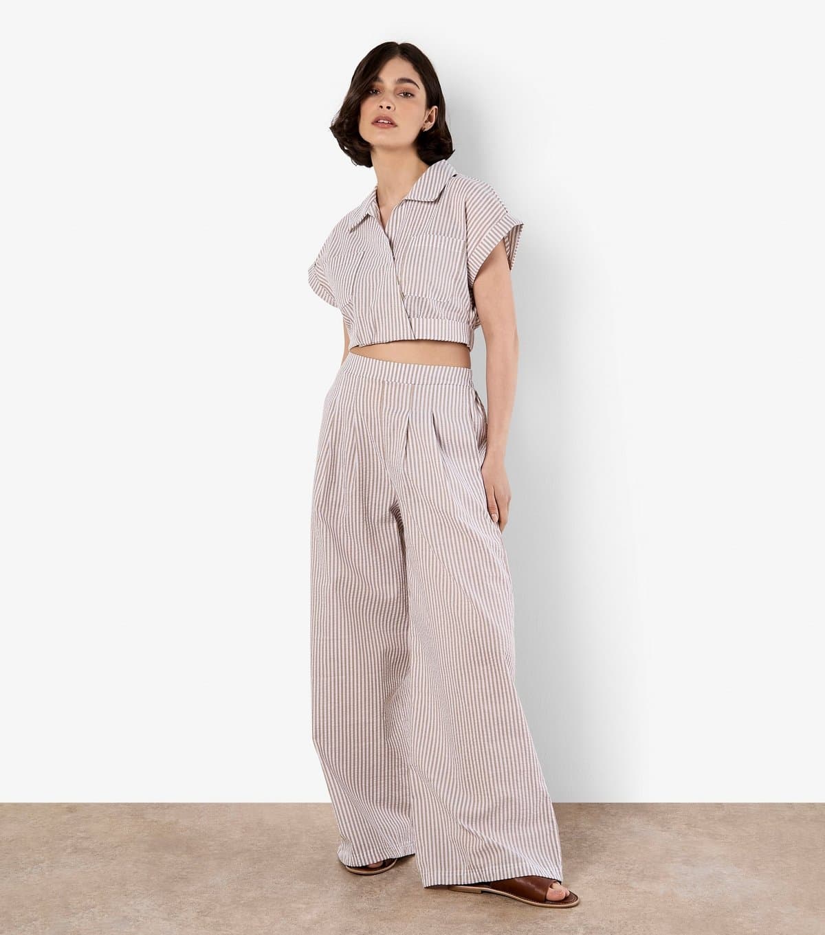 Apricot Women's Stone Striped Pleated Wide Leg Trousers Apricot New Look