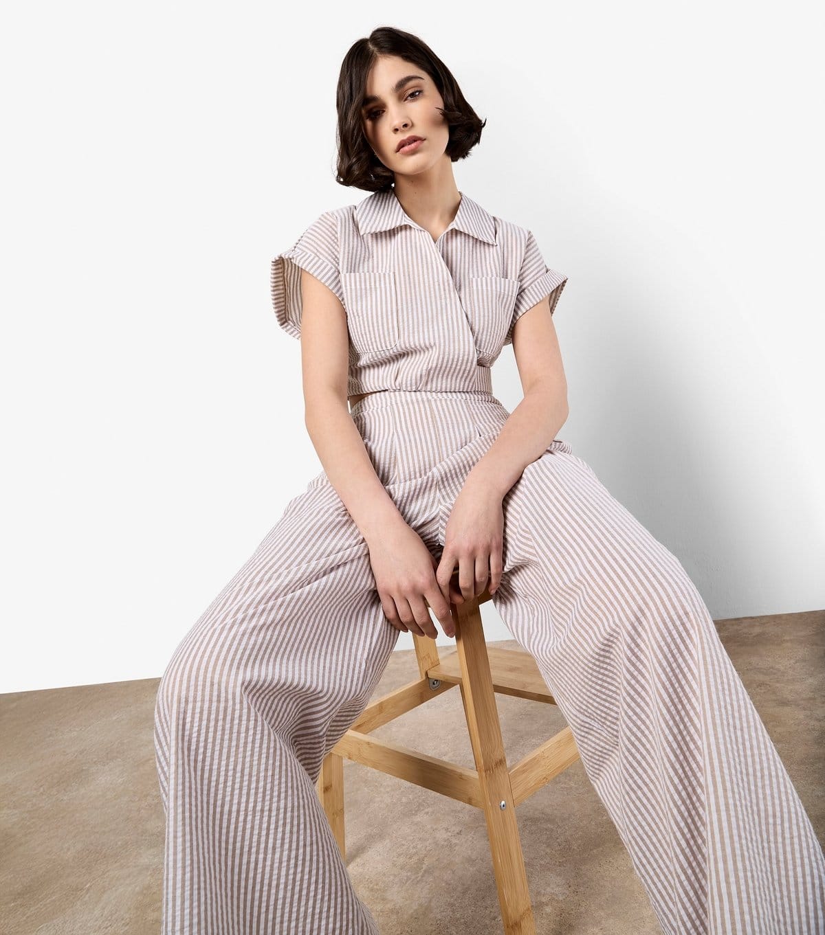 Apricot Women's Stone Striped Pleated Wide Leg Trousers Apricot New Look - 4