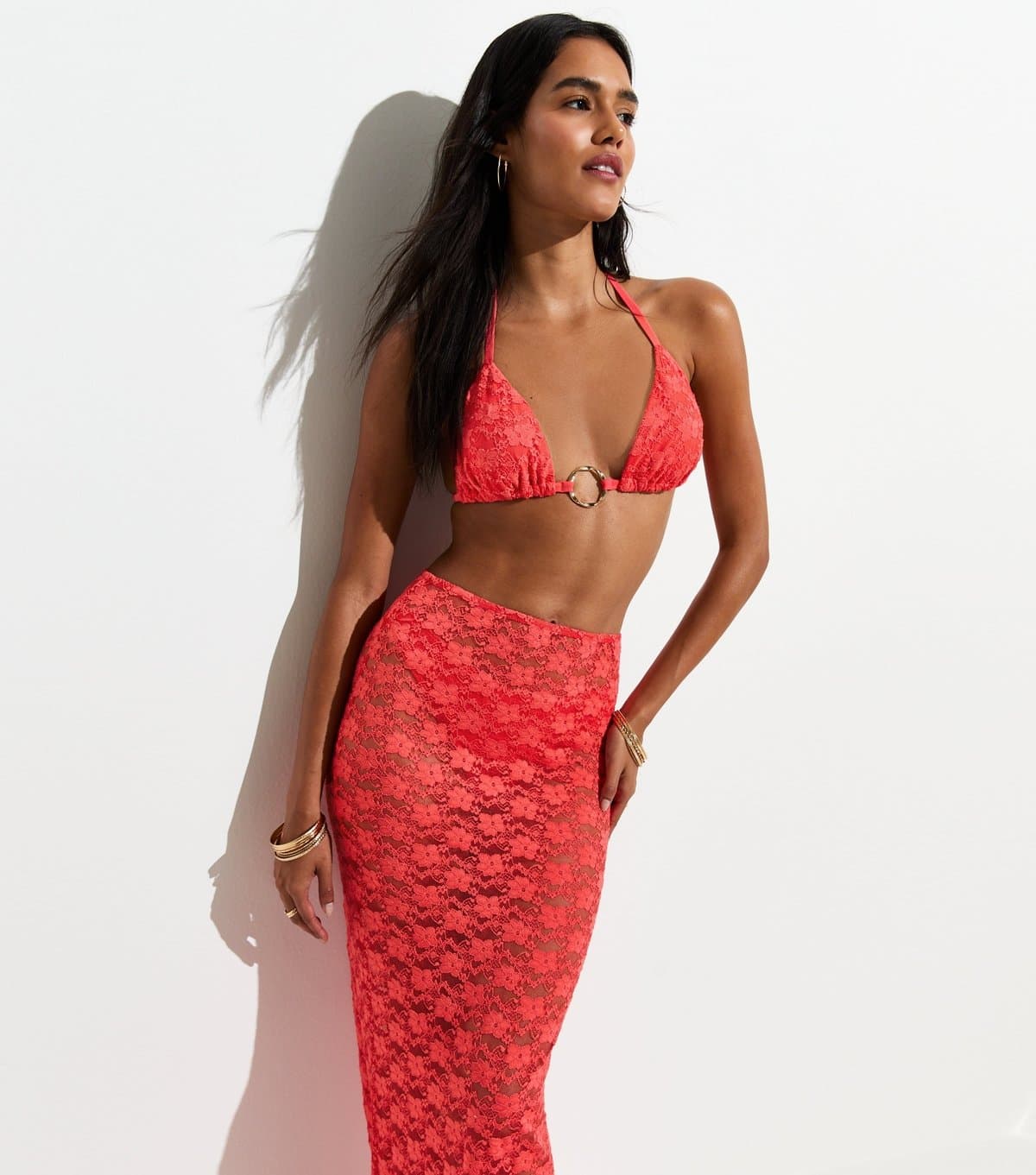 New Look New Look Coral Lace Triangle Bikini Top