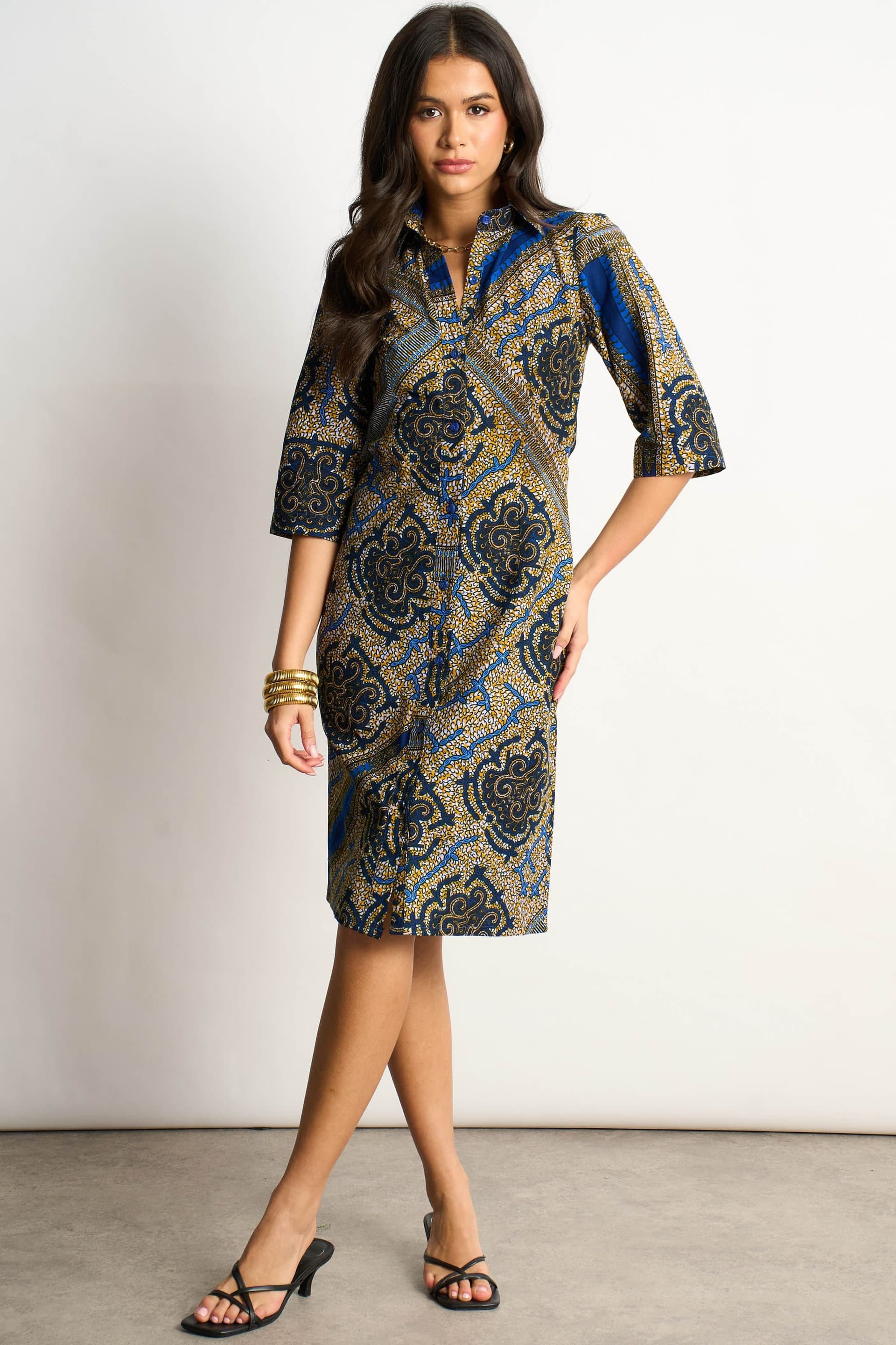 Dals Hart Dals Hart Women's Navy Print 3/4 Sleeve Shirt Dress