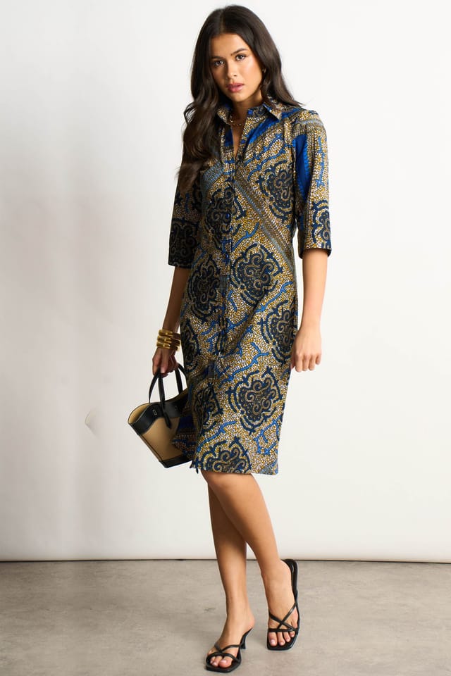 Dals Hart Dals Hart Women's Navy Print 3/4 Sleeve Shirt Dress - 2