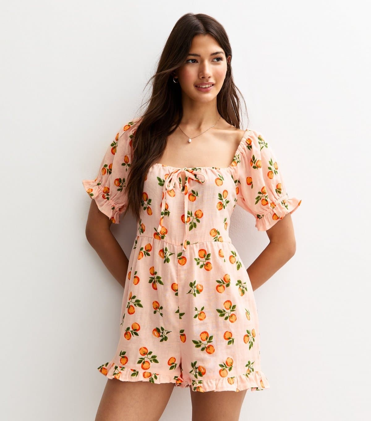 New Look Women's Orange Fruit Print Short Sleeve Playsuit New Look