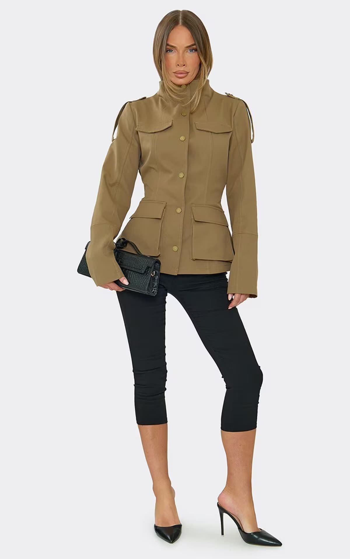 EGO Long Sleeve High Neck Popper Jacket In Dark Stone, Women's Size UK 6