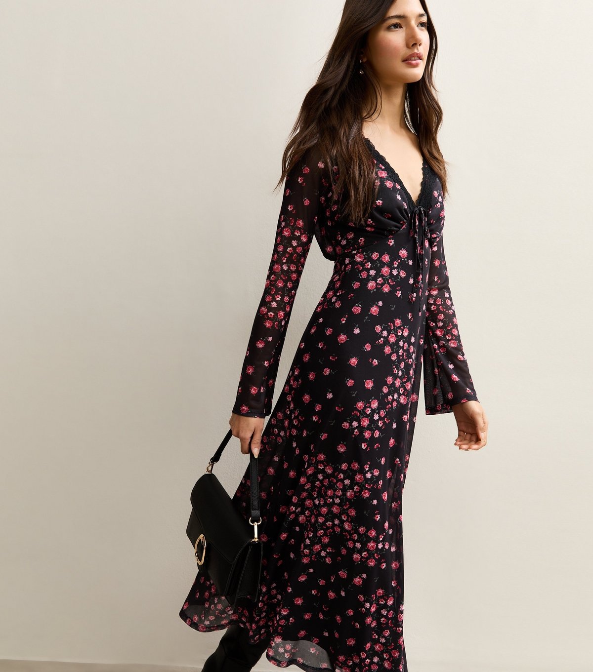 New Look Women's Black Rose Mesh Long Sleeve Midi Dress New Look - 2